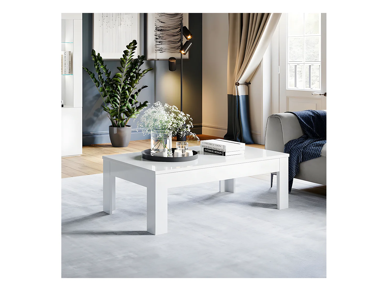 Table basse Blanc/Blanc laqué - REVE - L 130 x l 43 x H 70 cm