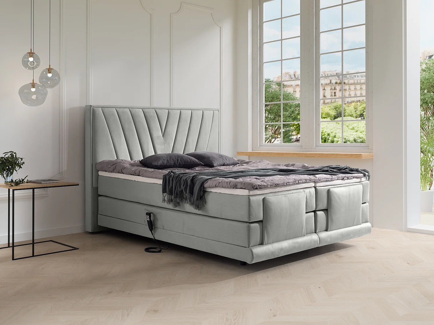 Ensemble complet boxspring tête de lit + sommiers relaxation électrique + matelas + surmatelas - 2 x 80 x 200 cm - Velours - Gris clair - LUMONI de YSMÉE