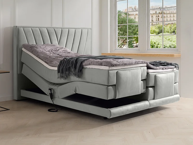 Ensemble complet boxspring tête de lit + sommiers relaxation électrique + matelas + surmatelas - 2 x 90 x 200 cm - Velours - Gris clair - LUMONI de YSMÉE