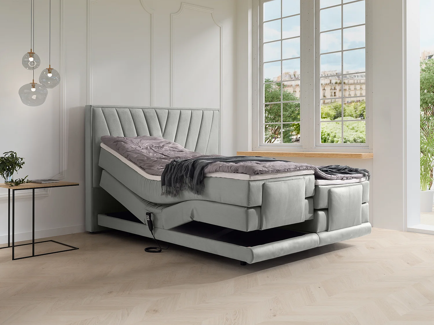 Set completo boxspring testata+Rete relax elet.+Mater.+topper 2x90x200cm Velluto Grigio - LUMONI di YSMÉE