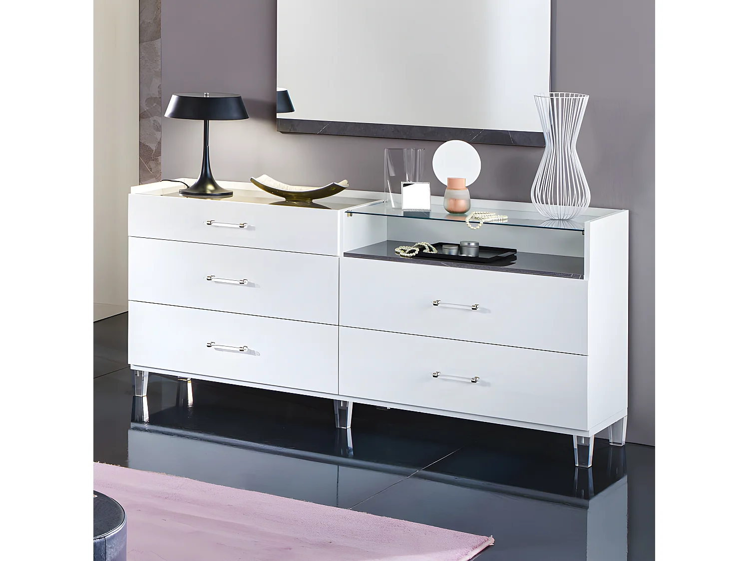 Commode 5 tiroirs Blanc/Marbre blanc - DAIMANA - L 168 x l 43 x H 55 cm