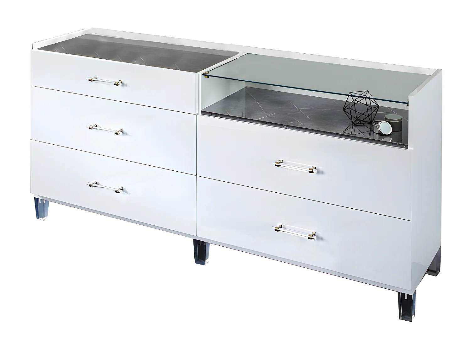 Commode 5 tiroirs Blanc/Marbre blanc - DAIMANA - L 168 x l 43 x H 55 cm