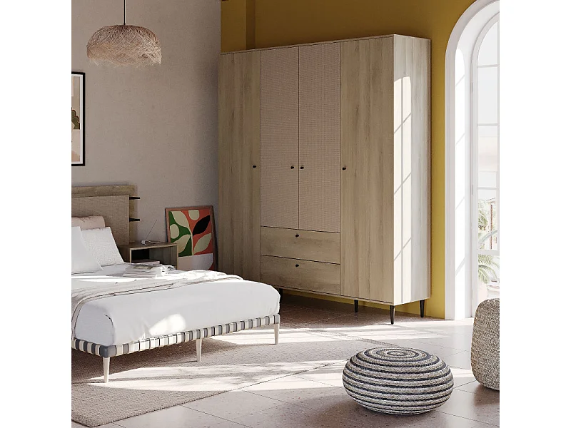 Armoire penderie 4 portes battantes + 2 tiroirs Chêne clair - GONSAI - L 191 x l 50 x H 221 cm