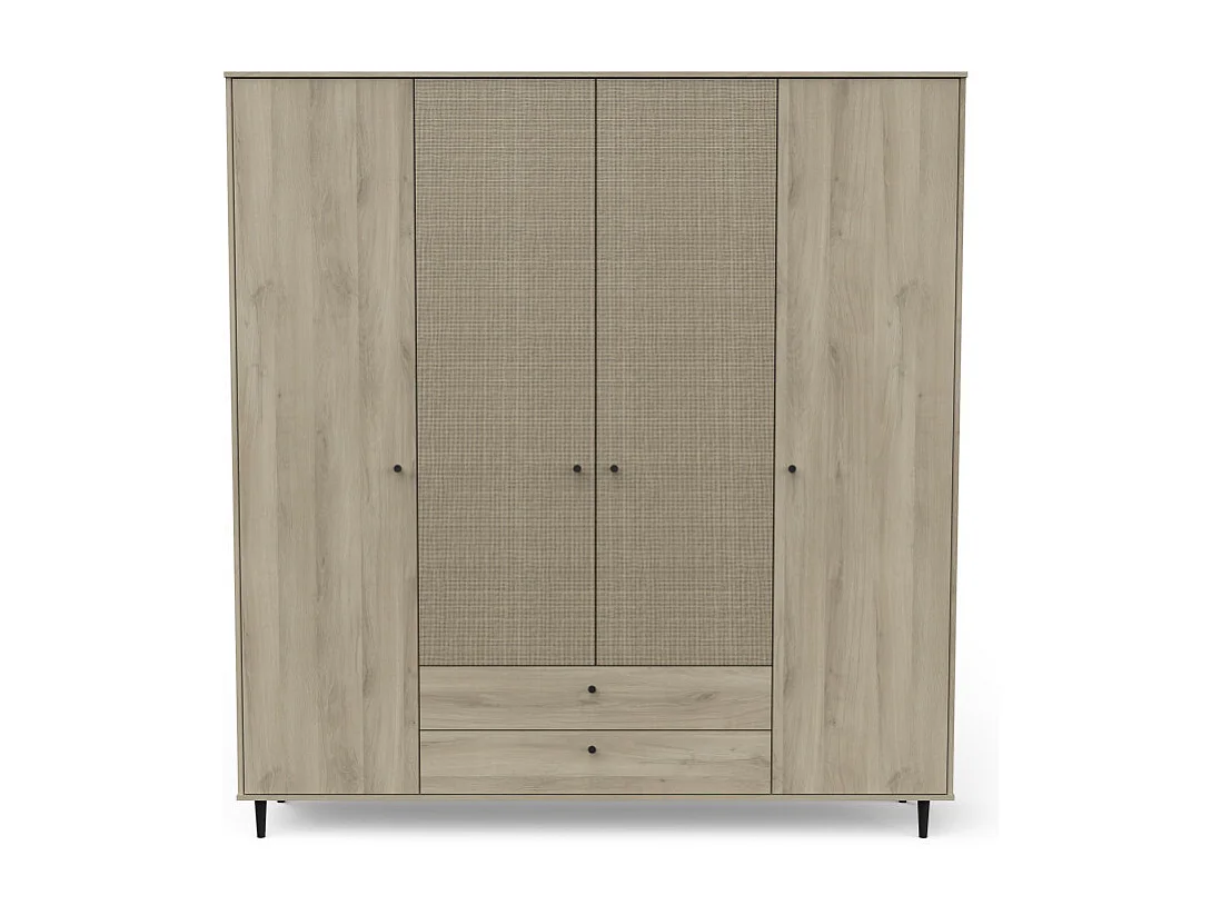 Armoire penderie 4 portes battantes + 2 tiroirs Chêne clair - GONSAI - L 191 x l 50 x H 221 cm