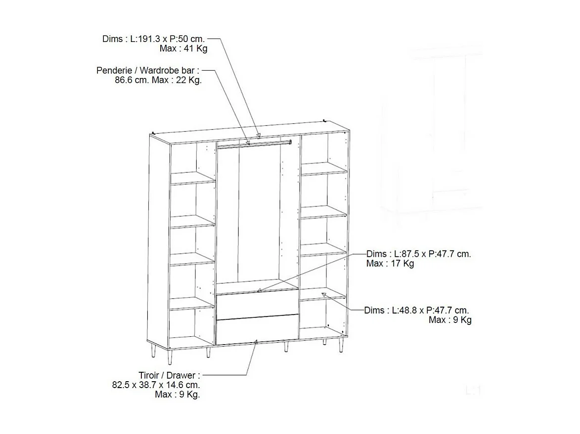 Armoire penderie 4 portes battantes + 2 tiroirs Chêne clair - GONSAI - L 191 x l 50 x H 221 cm