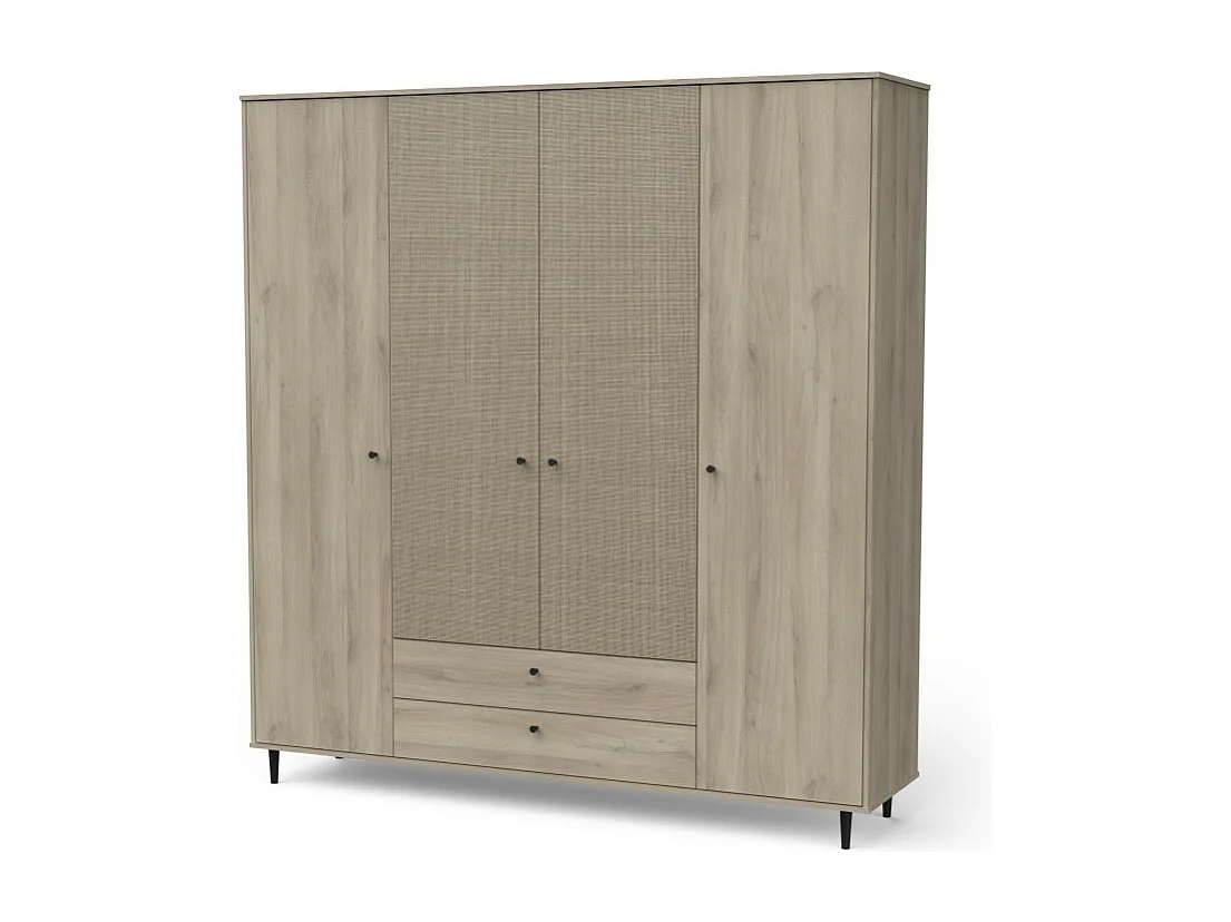 Armoire penderie 4 portes battantes + 2 tiroirs Chêne clair - GONSAI - L 191 x l 50 x H 221 cm