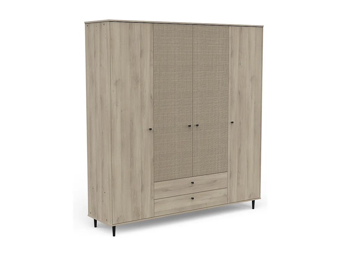 Armoire penderie 4 portes battantes + 2 tiroirs Chêne clair - GONSAI - L 191 x l 50 x H 221 cm