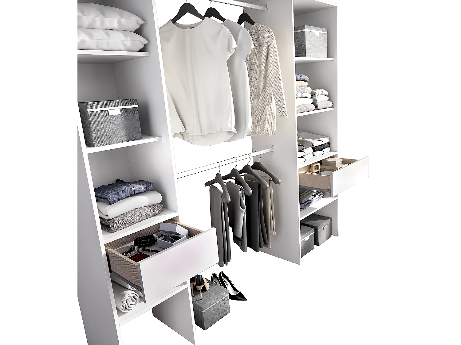 Armoire dressing en bois mélaminé avec 2 colonnes et 2 tiroirs coloris blanc - Longueur 160 x Profondeur 50 x Hauteur 185 cm