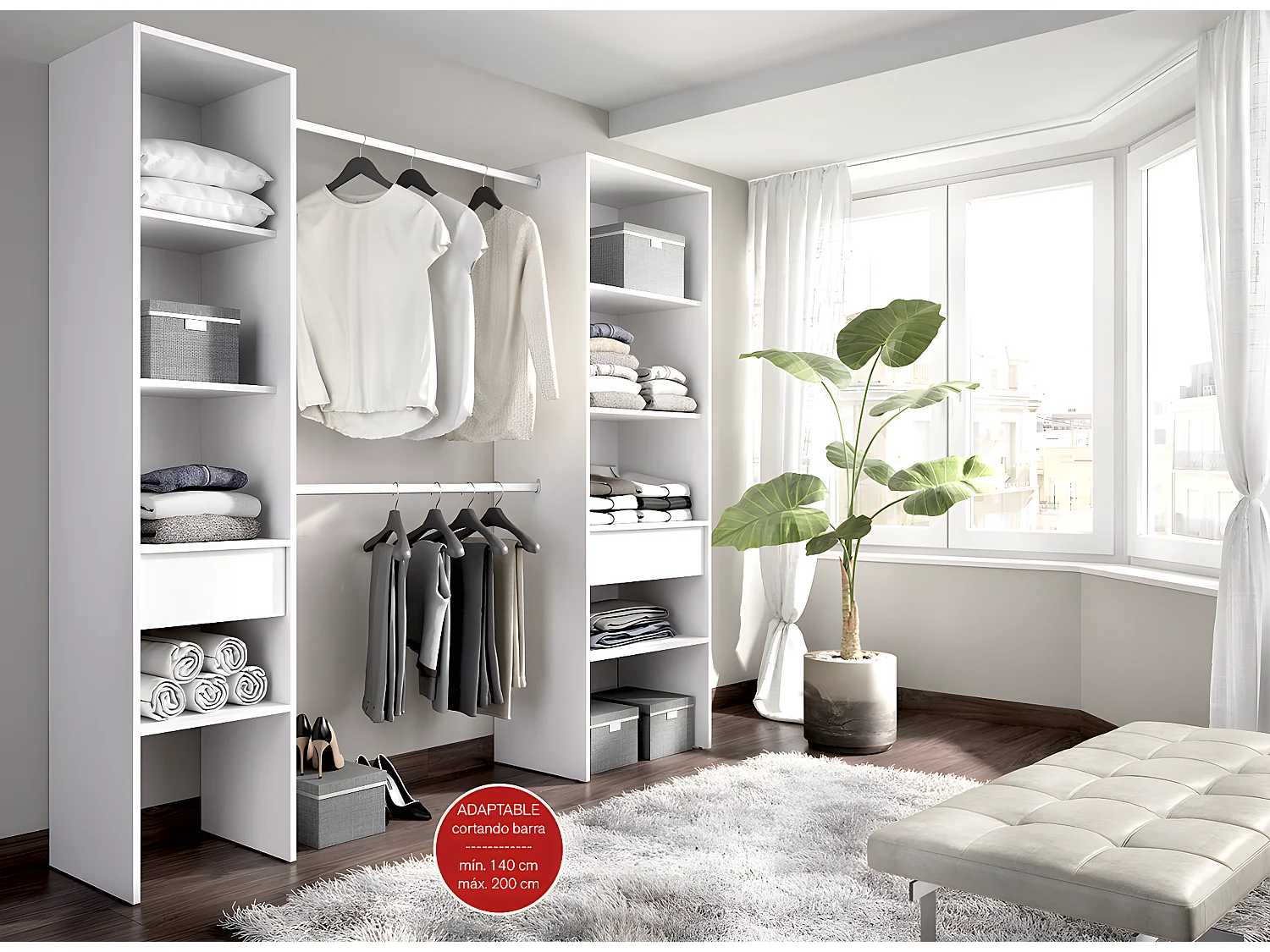 Armoire dressing en bois mélaminé avec 2 colonnes et 2 tiroirs coloris blanc - Longueur 160 x Profondeur 50 x Hauteur 185 cm