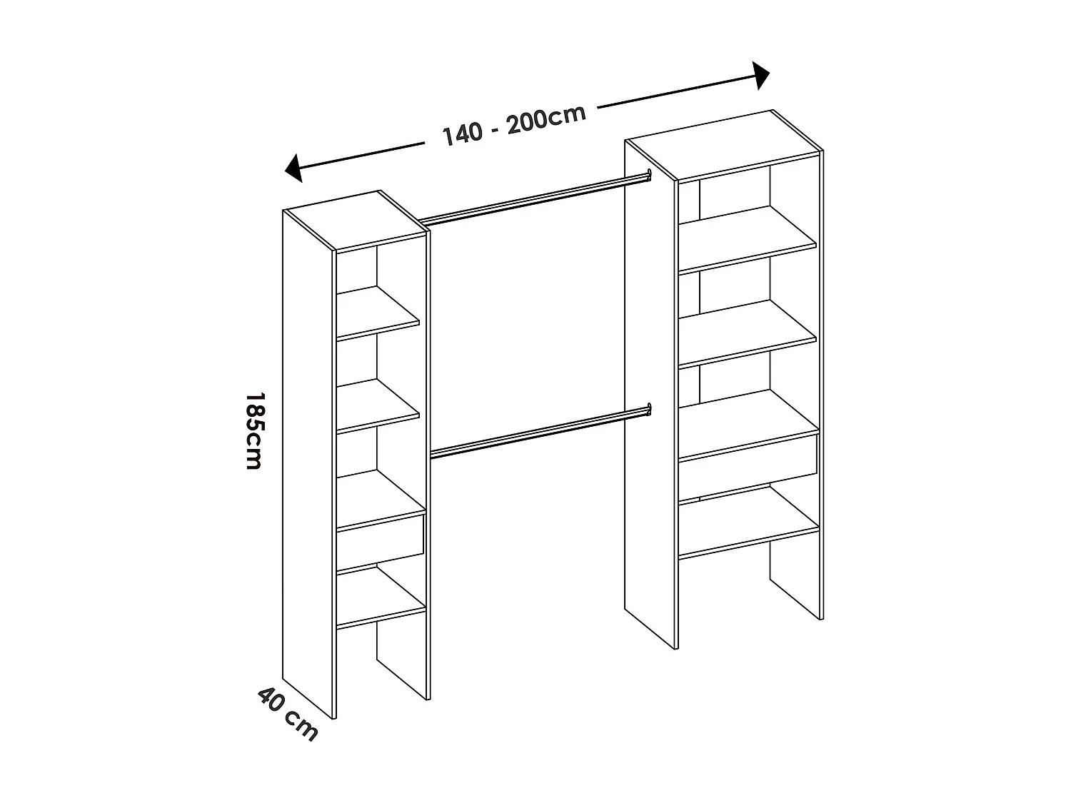 Armoire dressing en bois mélaminé avec 2 colonnes et 2 tiroirs coloris blanc - Longueur 160 x Profondeur 50 x Hauteur 185 cm