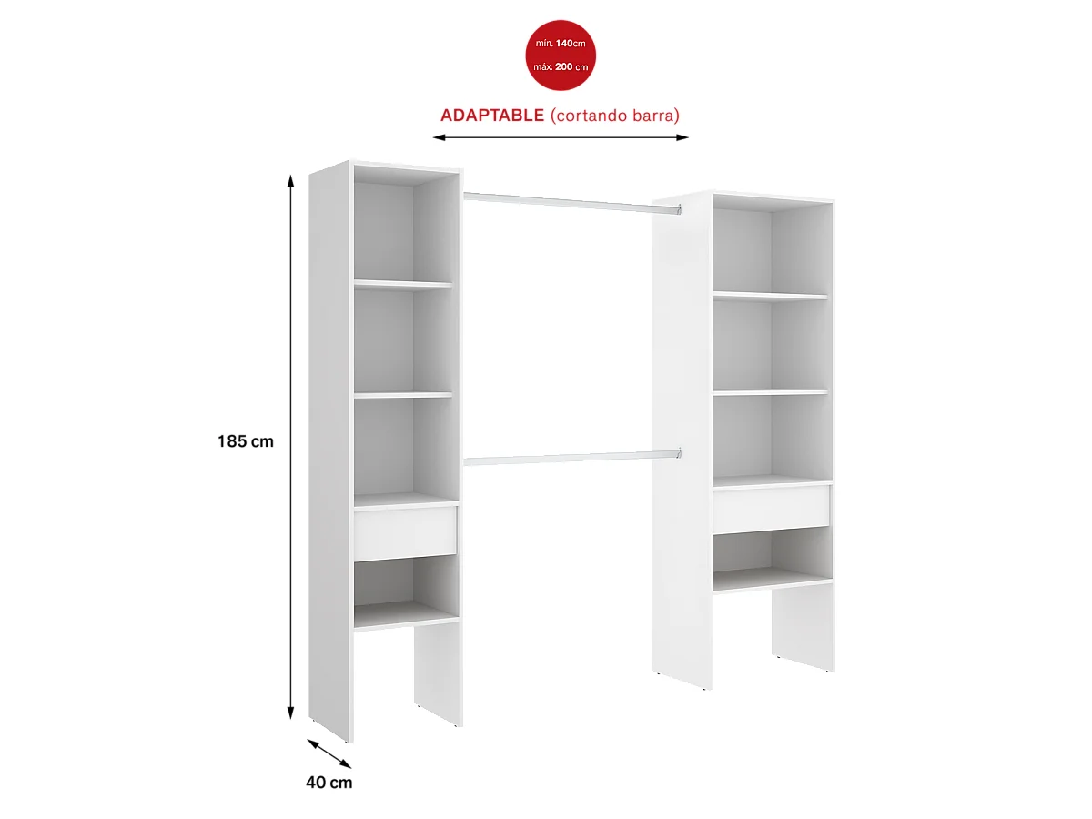 Armoire dressing en bois mélaminé avec 2 colonnes et 2 tiroirs coloris blanc - Longueur 160 x Profondeur 50 x Hauteur 185 cm