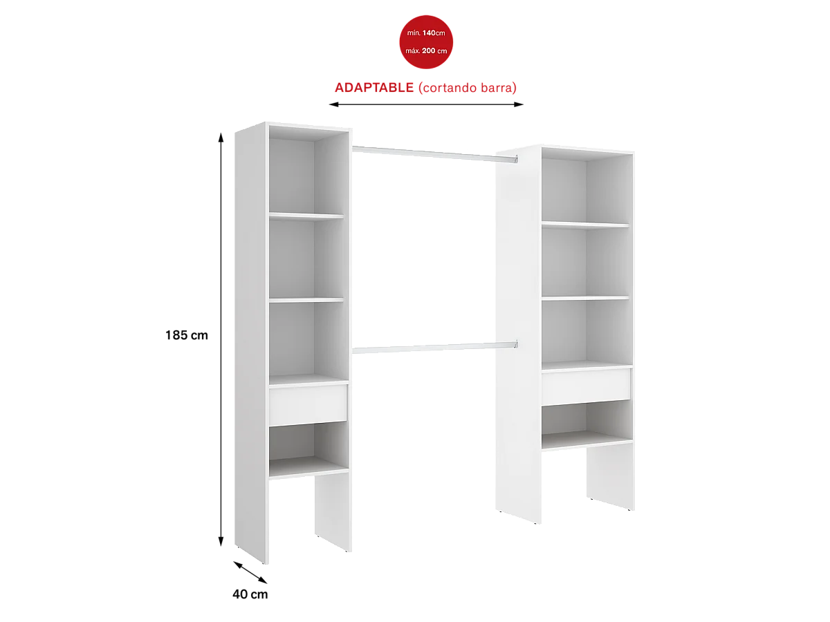 Armoire dressing en bois mélaminé avec 2 colonnes et 2 tiroirs coloris blanc - Longueur 160 x Profondeur 50 x Hauteur 185 cm