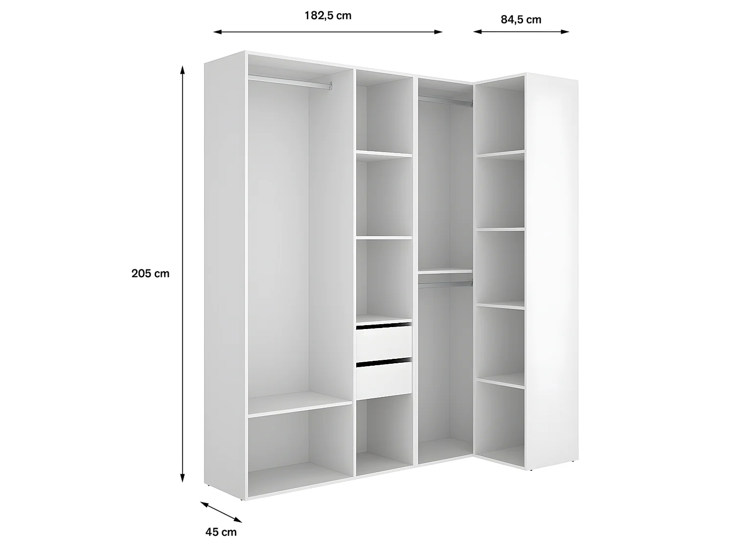 Ensemble dressing d'angle avec 2 tiroirs et fond d'arrière réversible coloris chêne naturel, blanc  - Longueur 1825 x Profondeur 79 x Hauteur 205 cm