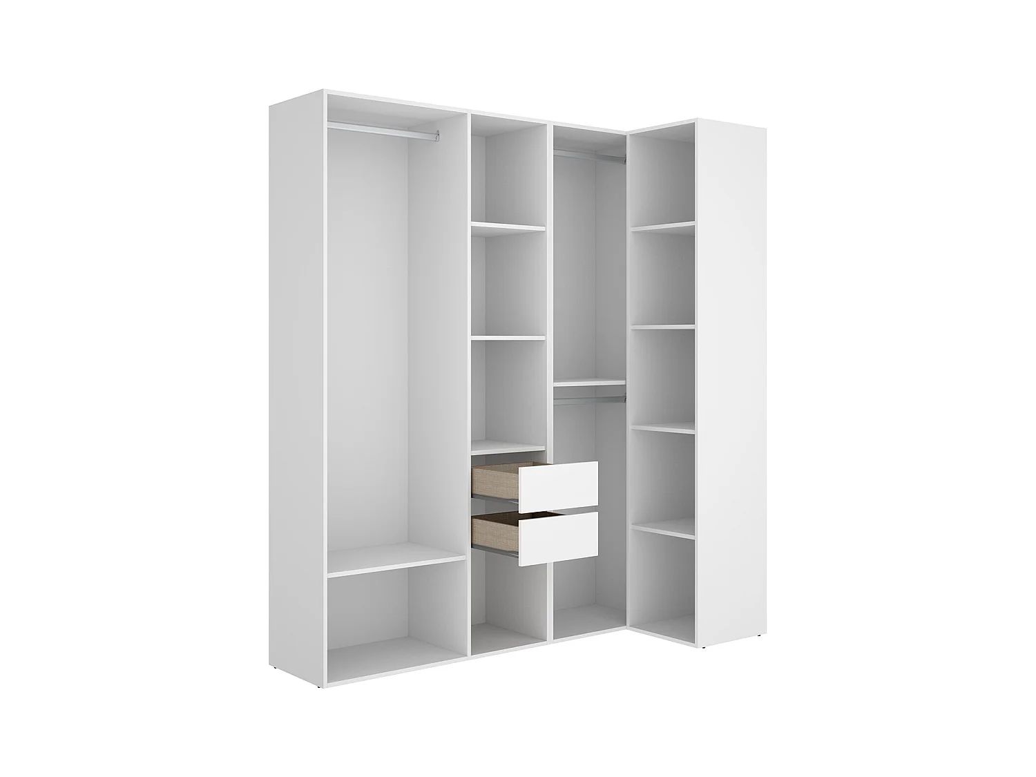 Ensemble dressing d'angle avec 2 tiroirs et fond d'arrière réversible coloris chêne naturel, blanc  - Longueur 1825 x Profondeur 79 x Hauteur 205 cm