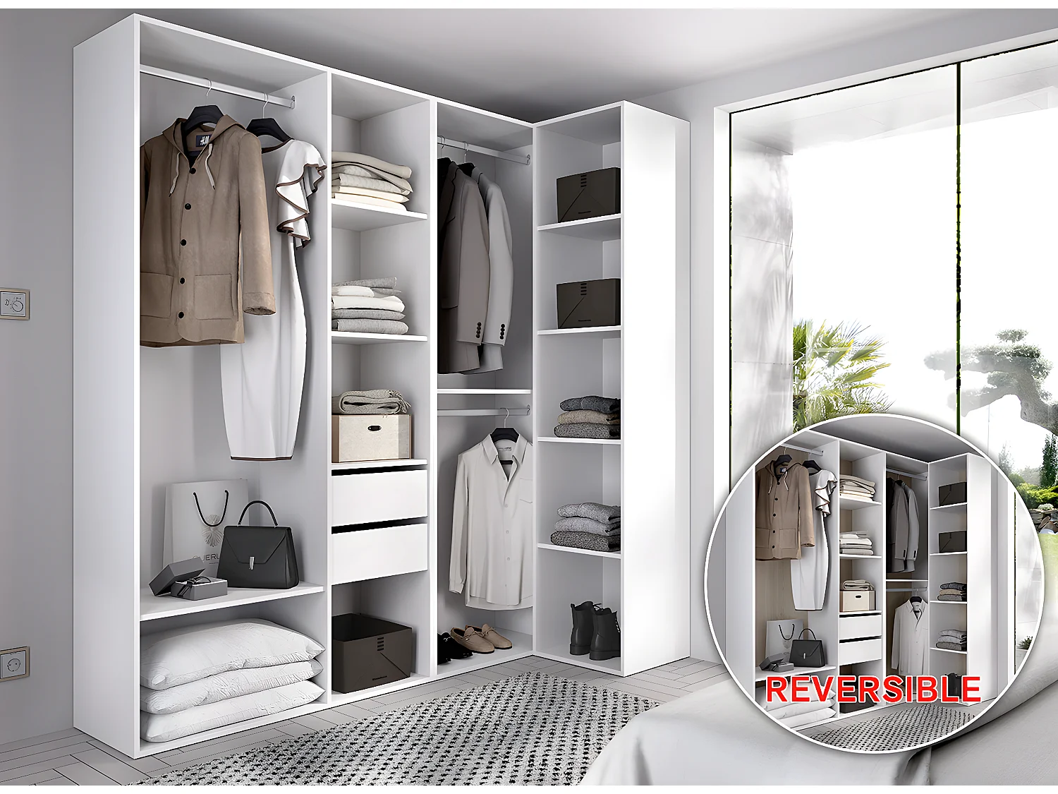 Ensemble dressing d'angle avec 2 tiroirs et fond d'arrière réversible coloris chêne naturel, blanc  - Longueur 1825 x Profondeur 79 x Hauteur 205 cm