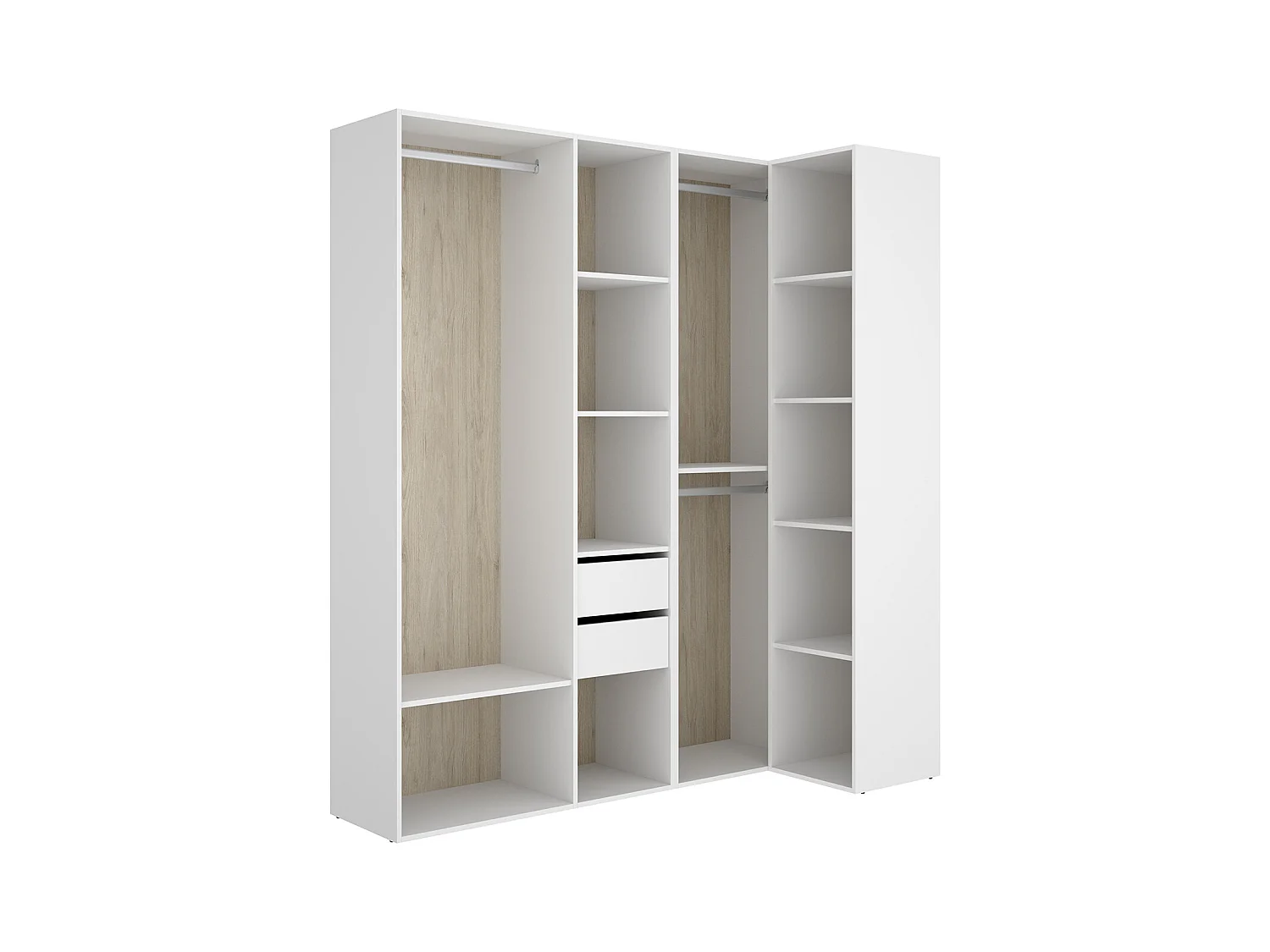 Ensemble dressing d'angle avec 2 tiroirs et fond d'arrière réversible coloris chêne naturel, blanc  - Longueur 1825 x Profondeur 79 x Hauteur 205 cm