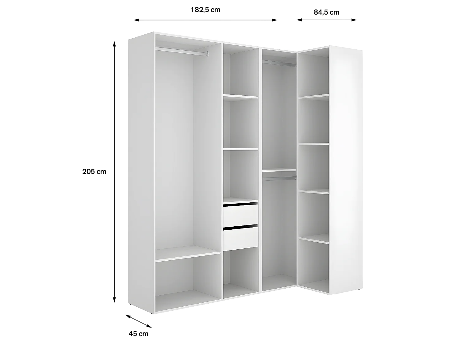 Ensemble dressing d'angle avec 2 tiroirs et fond d'arrière réversible coloris chêne naturel, blanc  - Longueur 1825 x Profondeur 79 x Hauteur 205 cm