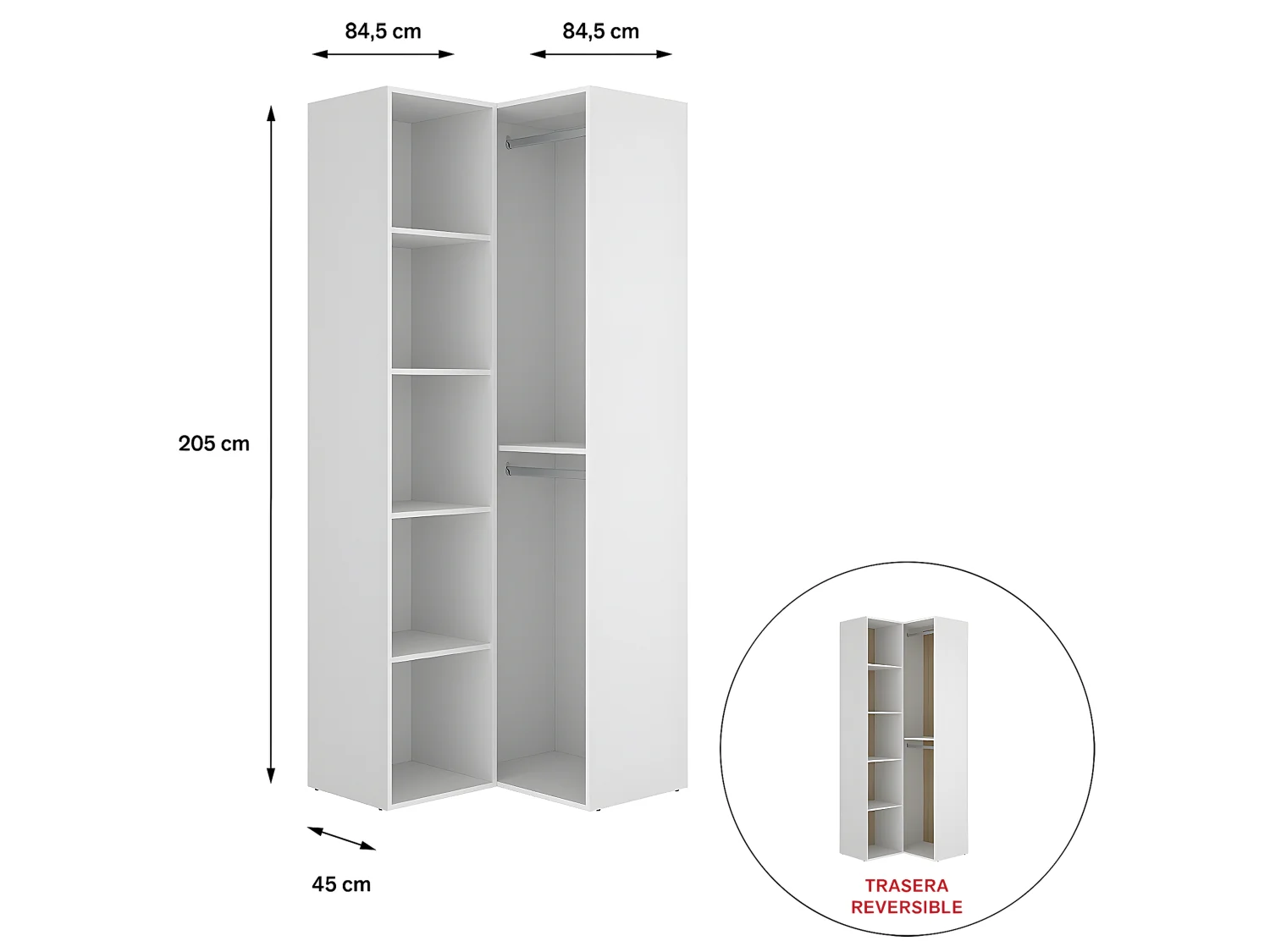 Dressing d'angle et fond d'arrière réversible coloris chêne naturel, blanc  - Longueur 84 x Profondeur 84 x Hauteur 205 cm