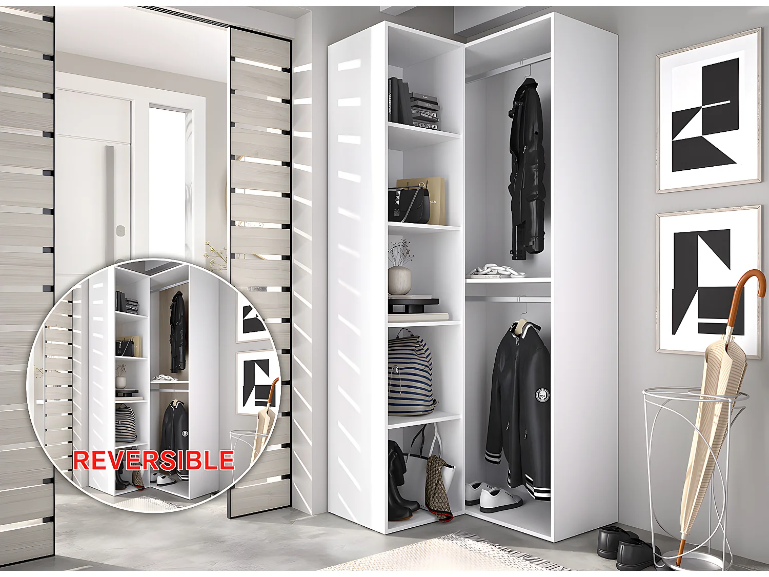 Dressing d'angle et fond d'arrière réversible coloris chêne naturel, blanc  - Longueur 84 x Profondeur 84 x Hauteur 205 cm