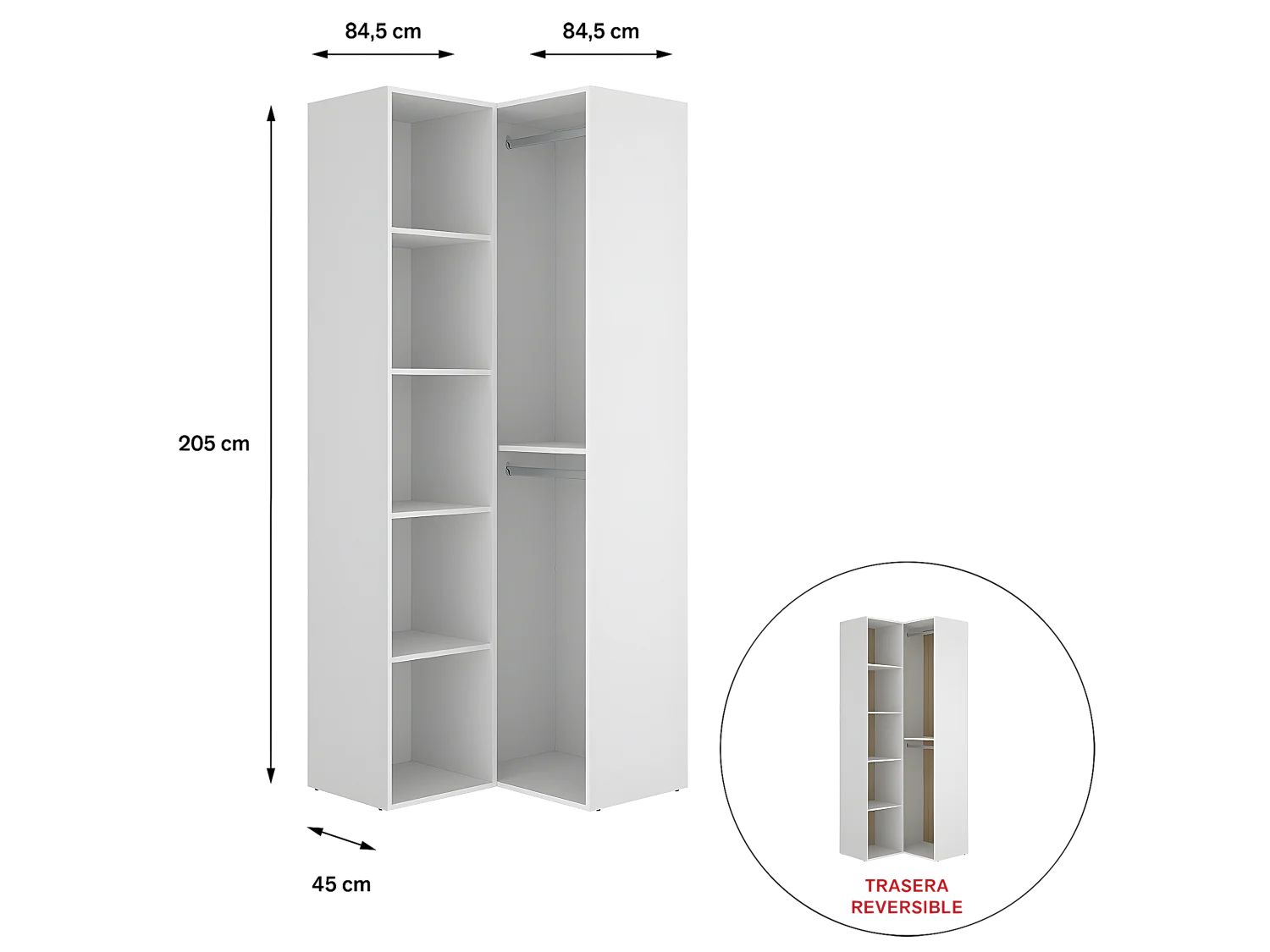 Dressing d'angle et fond d'arrière réversible coloris chêne naturel, blanc  - Longueur 84 x Profondeur 84 x Hauteur 205 cm