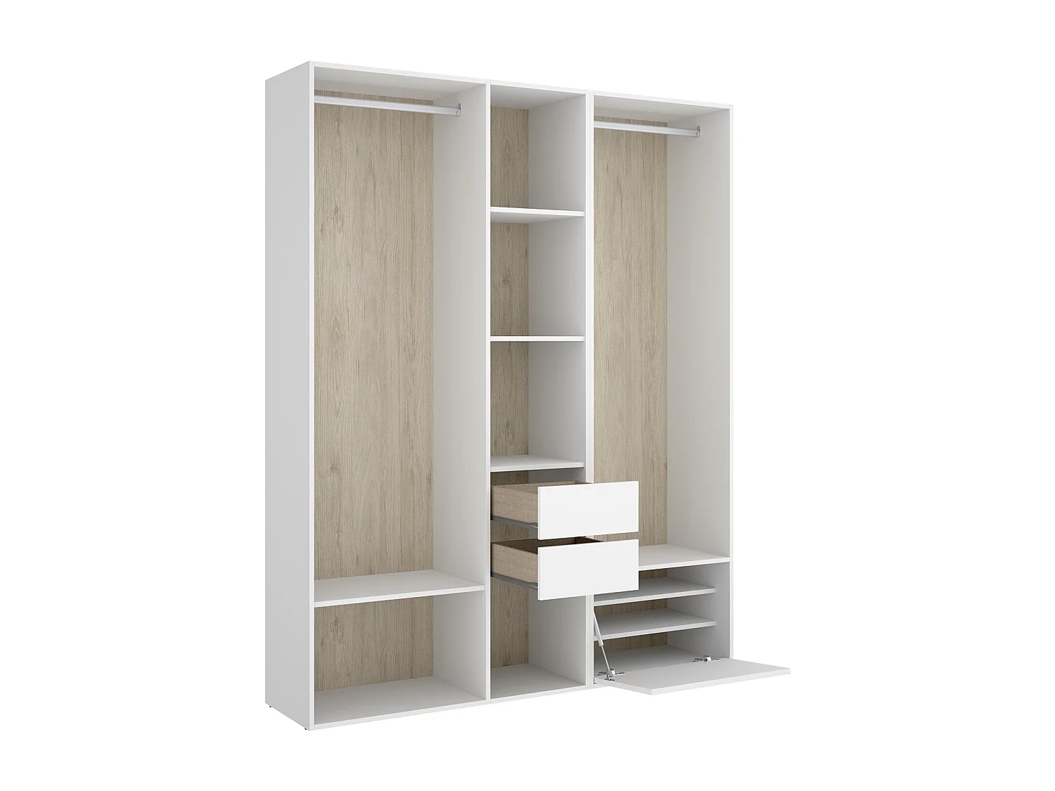 Ensemble dressing avec 2 tiroirs + 1 porte à chaussure et fond d'arrière réversible coloris chêne naturel, blanc   - Longueur 158 x Profondeur 45 x Hauteur 205 cm