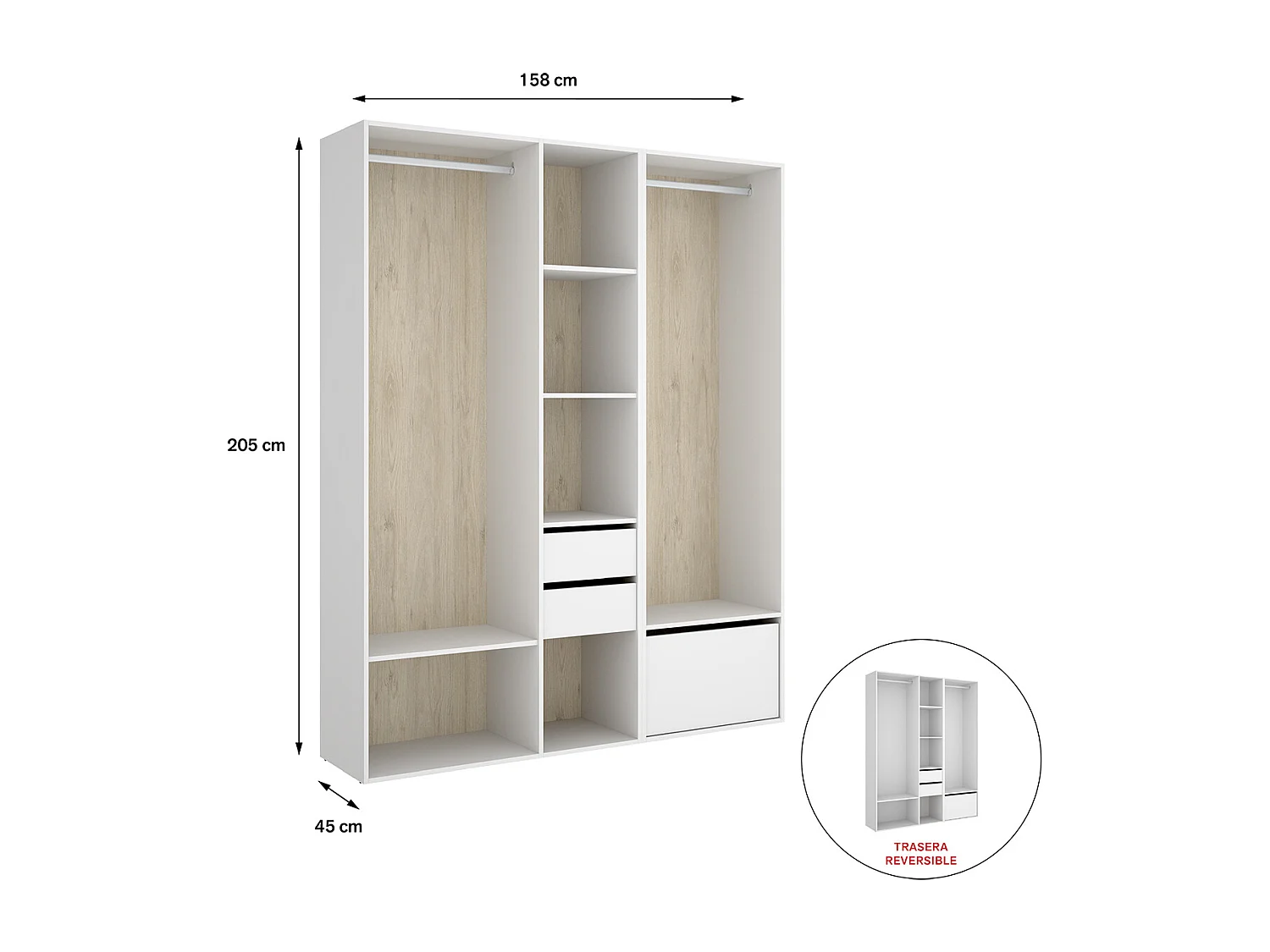 Ensemble dressing avec 2 tiroirs + 1 porte à chaussure et fond d'arrière réversible coloris chêne naturel, blanc   - Longueur 158 x Profondeur 45 x Hauteur 205 cm