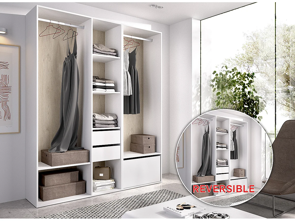 Ensemble dressing avec 2 tiroirs + 1 porte à chaussure et fond d'arrière réversible coloris chêne naturel, blanc   - Longueur 158 x Profondeur 45 x Hauteur 205 cm