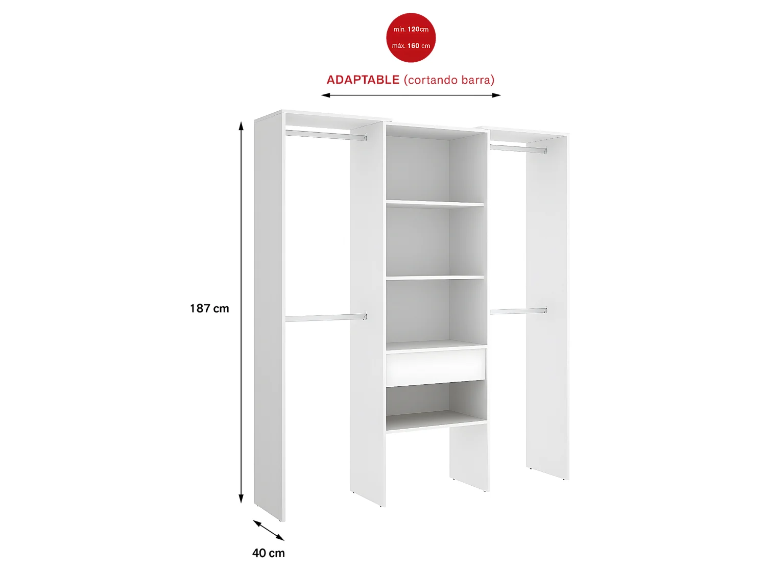 Armoire dressing en bois mélaminé avec 1 colonne et penderies coloris blanc - Longueur 160 x Profondeur 50 x Hauteur 187 cm