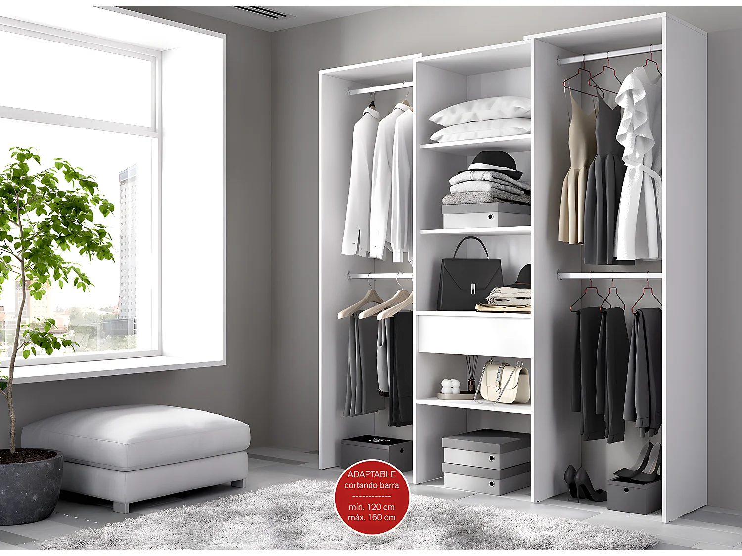 Armoire dressing en bois mélaminé avec 1 colonne et penderies coloris blanc - Longueur 160 x Profondeur 50 x Hauteur 187 cm