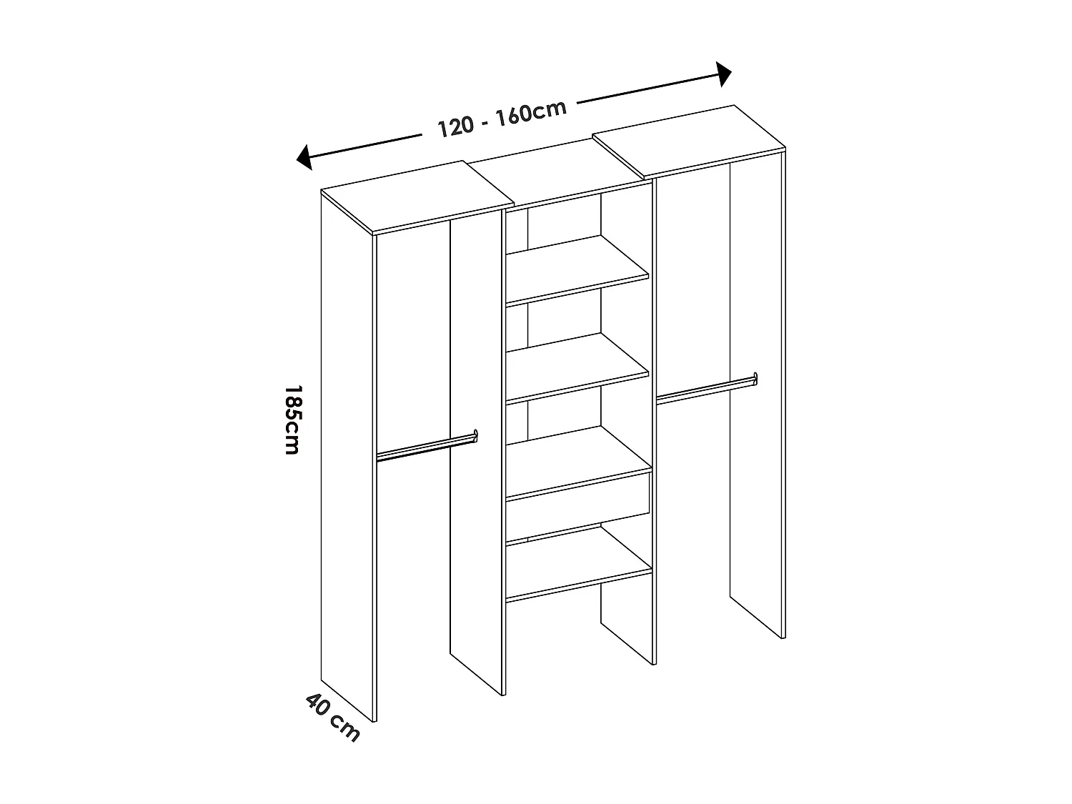 Armoire dressing en bois mélaminé avec 1 colonne et penderies coloris blanc - Longueur 160 x Profondeur 50 x Hauteur 187 cm