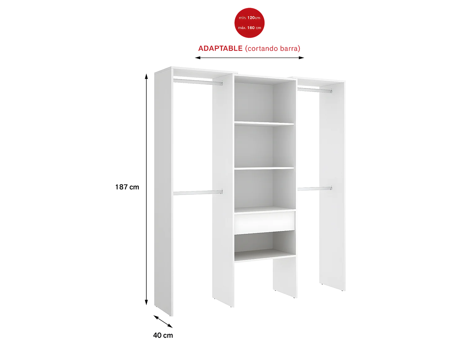 Armoire dressing en bois mélaminé avec 1 colonne et penderies coloris blanc - Longueur 160 x Profondeur 50 x Hauteur 187 cm