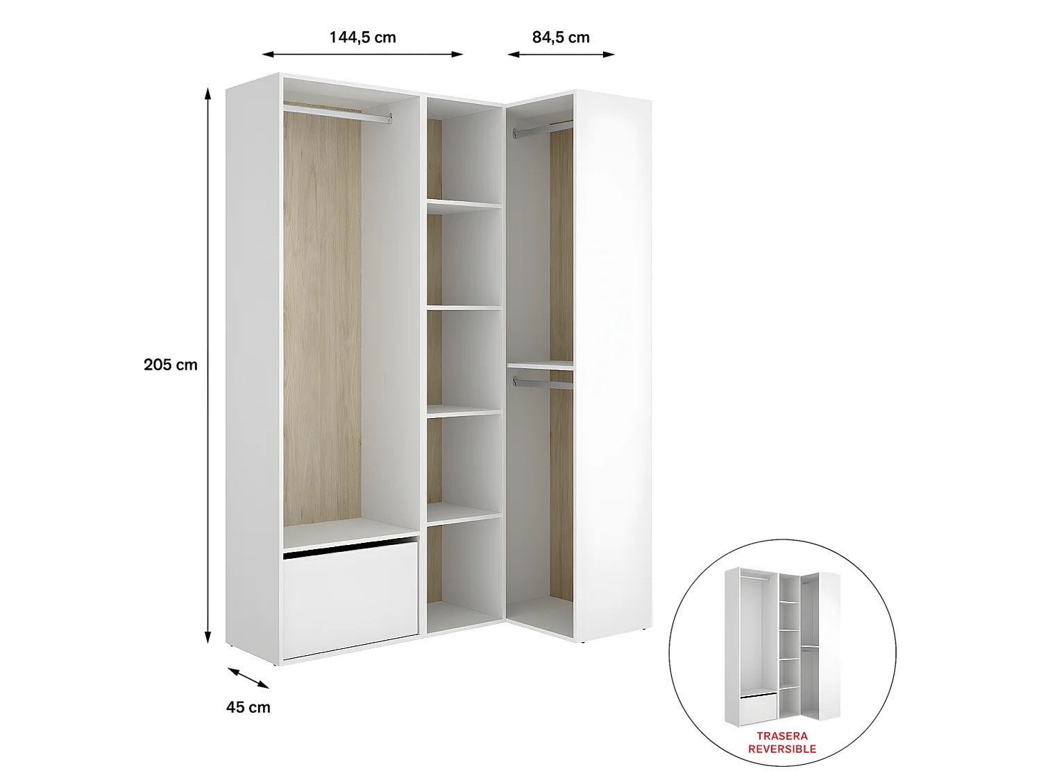 Ensemble dressing d'angle avec portes à chaussures et fond d'arrière réversible coloris chêne naturel, blanc - Longueur 1445 x Profondeur 79 x Hauteur 205 cm