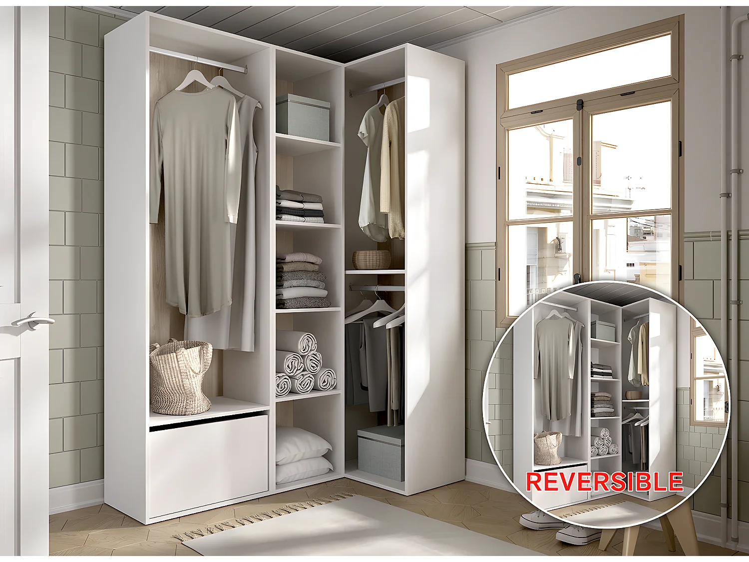 Ensemble dressing d'angle avec portes à chaussures et fond d'arrière réversible coloris chêne naturel, blanc - Longueur 1445 x Profondeur 79 x Hauteur 205 cm