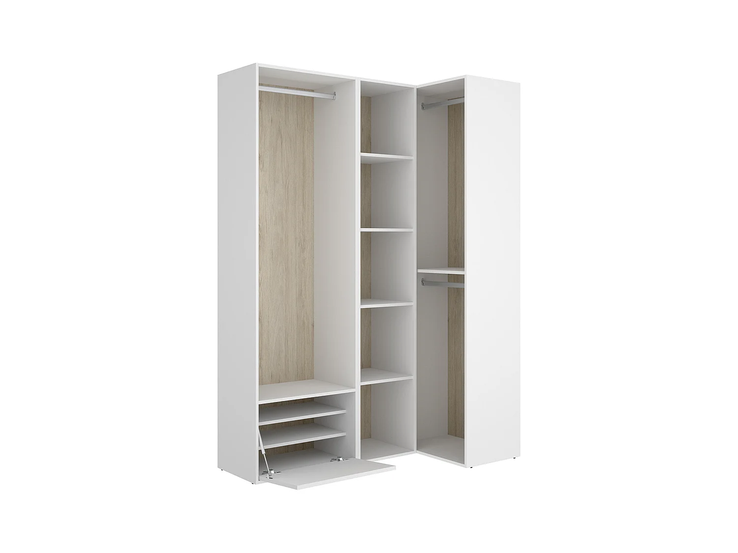 Ensemble dressing d'angle avec portes à chaussures et fond d'arrière réversible coloris chêne naturel, blanc - Longueur 1445 x Profondeur 79 x Hauteur 205 cm