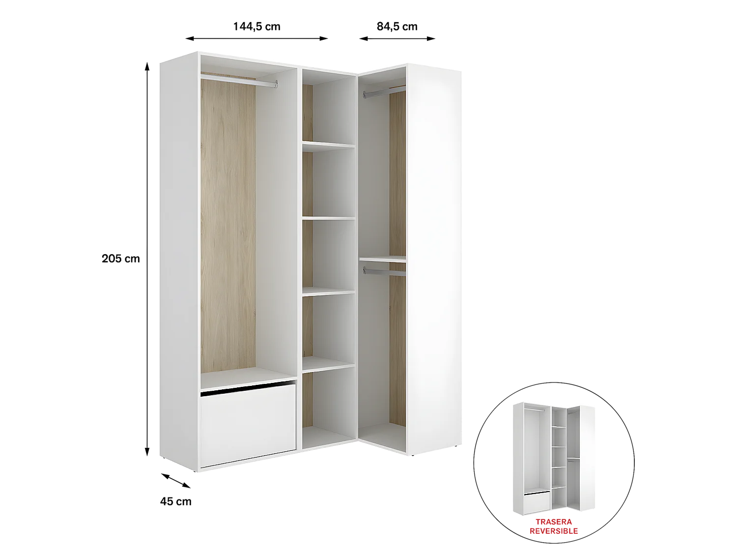 Ensemble dressing d'angle avec portes à chaussures et fond d'arrière réversible coloris chêne naturel, blanc - Longueur 1445 x Profondeur 79 x Hauteur 205 cm