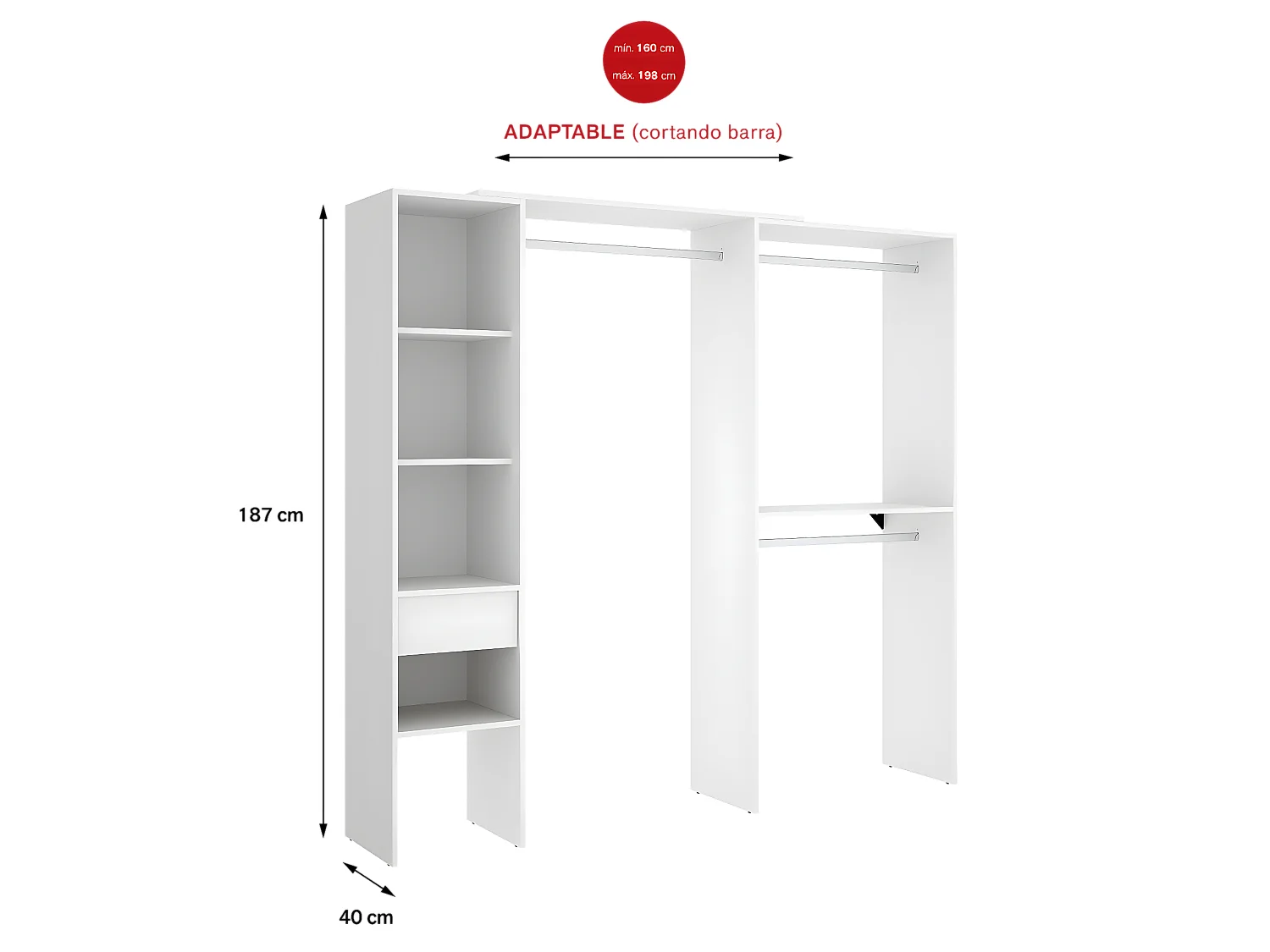 Armoire dressing double en bois mélaminé coloris blanc  - Longueur 98 x Profondeur 41 x Hauteur 187 cm