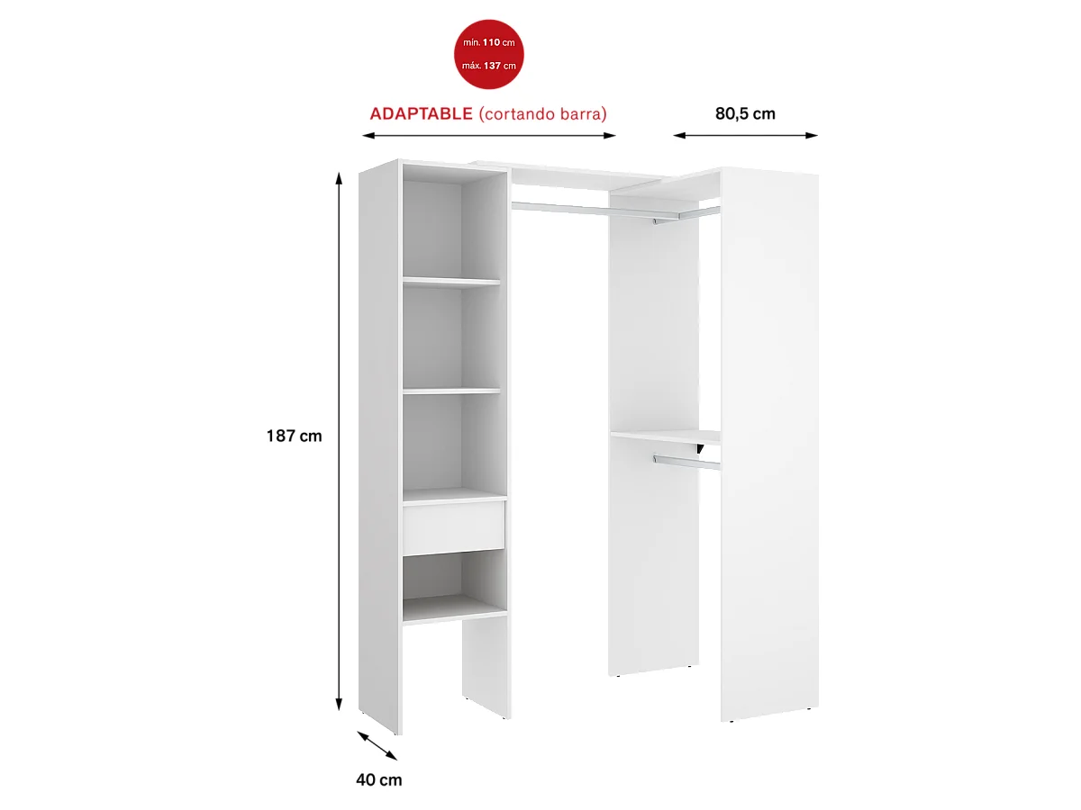 Armoire dressing double en bois mélaminé coloris blanc  - Longueur 98 x Profondeur 41 x Hauteur 187 cm