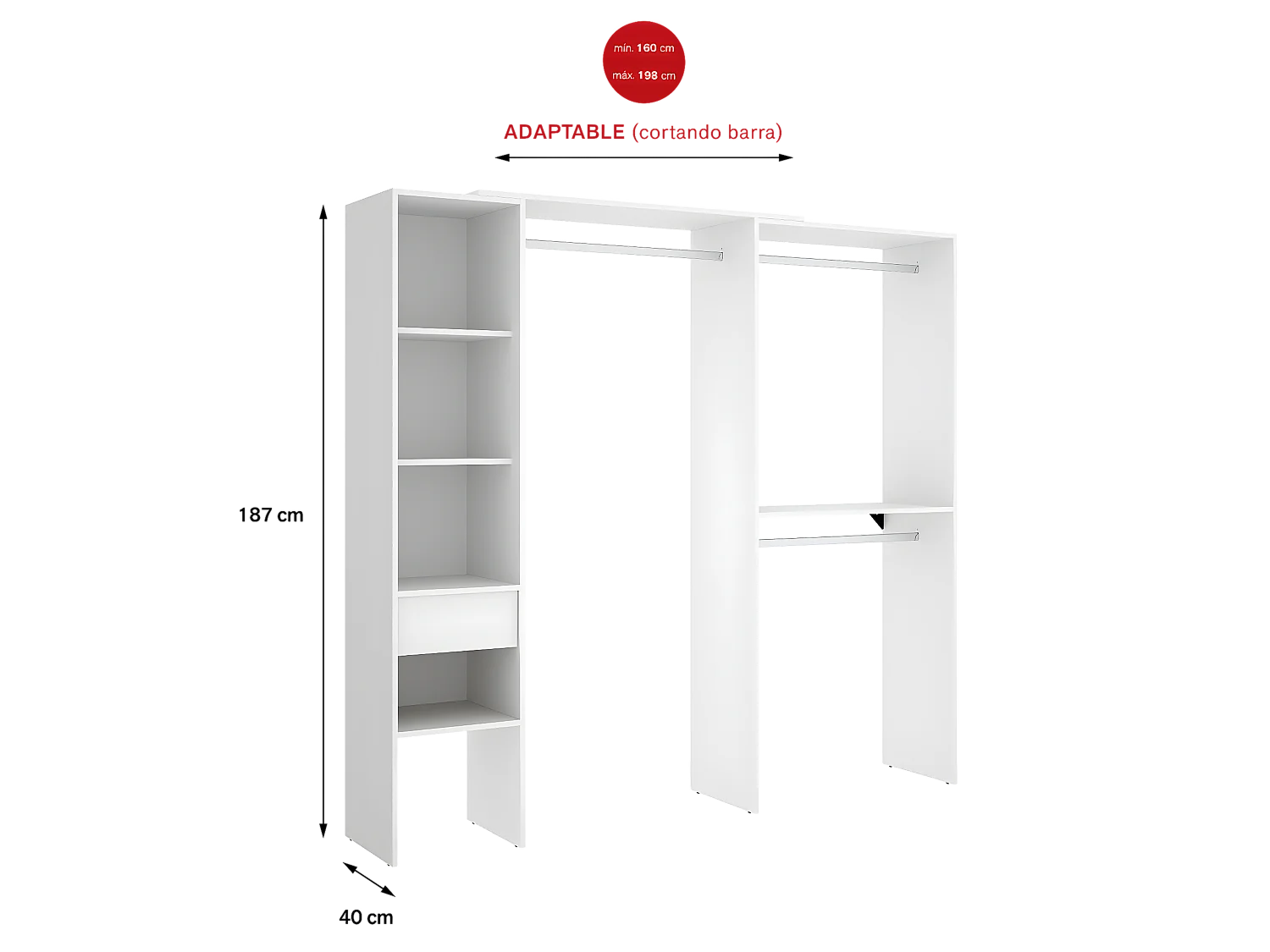 Armoire dressing double en bois mélaminé coloris blanc  - Longueur 98 x Profondeur 41 x Hauteur 187 cm