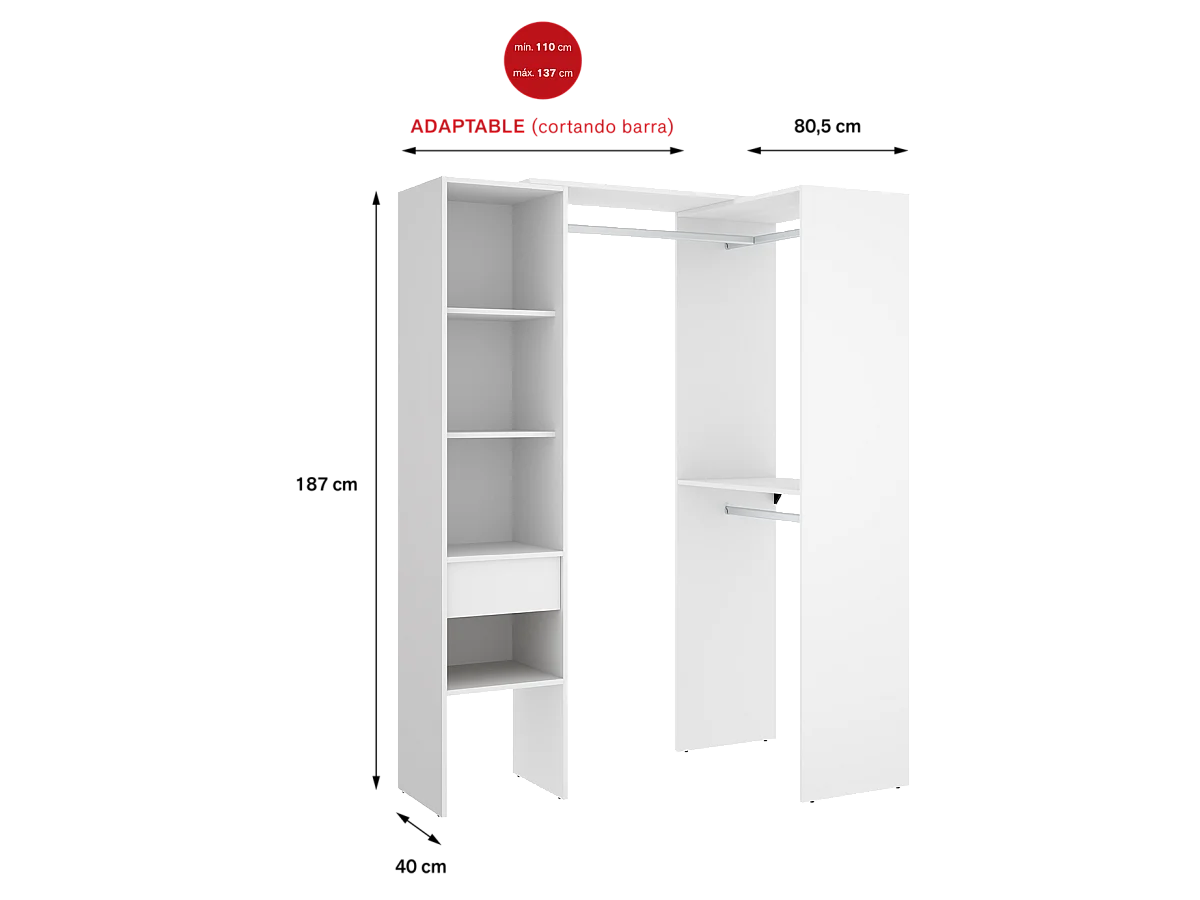 Armoire dressing double en bois mélaminé coloris blanc  - Longueur 98 x Profondeur 41 x Hauteur 187 cm