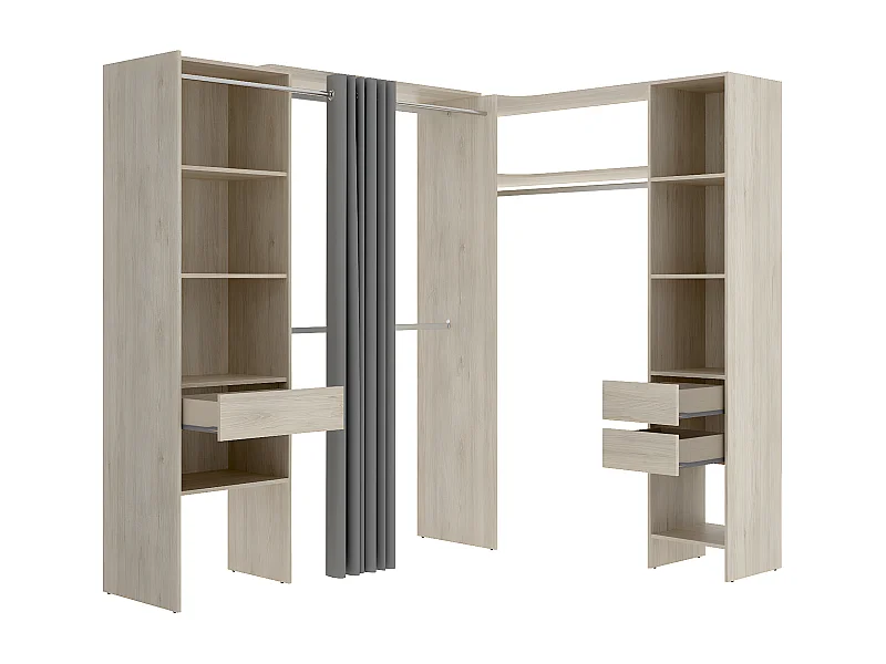 Kit armoire dressing d'angle extensible en bois mélaminé coloris chêne naturel - Longueur 164-214 x Profondeur 141 x Hauteur 205 cm
