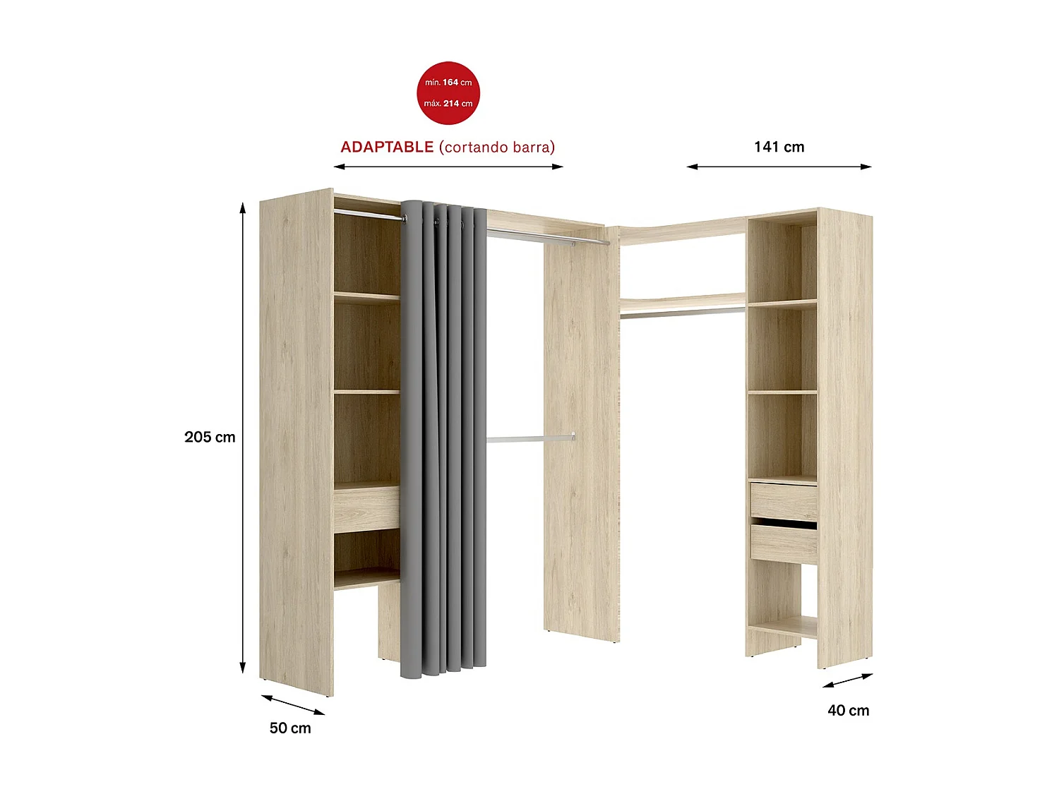 Kit armoire dressing d'angle extensible en bois mélaminé coloris chêne naturel - Longueur 164-214 x Profondeur 141 x Hauteur 205 cm