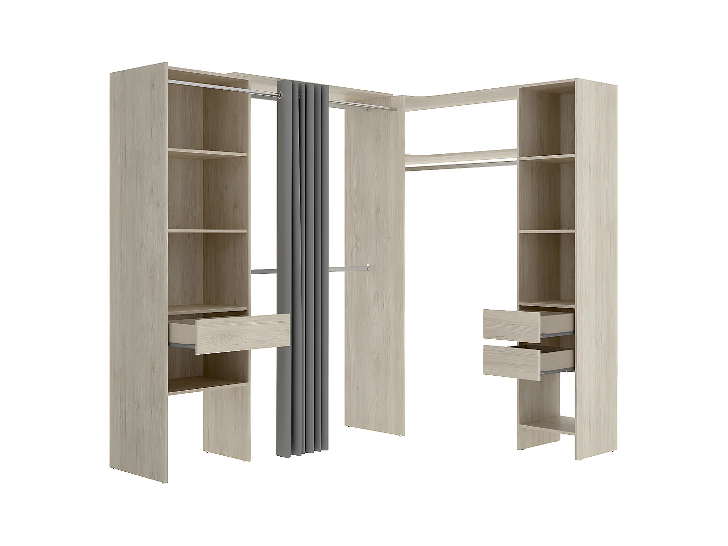 Kit armoire dressing d'angle extensible en bois mélaminé coloris chêne naturel - Longueur 164-214 x Profondeur 141 x Hauteur 205 cm
