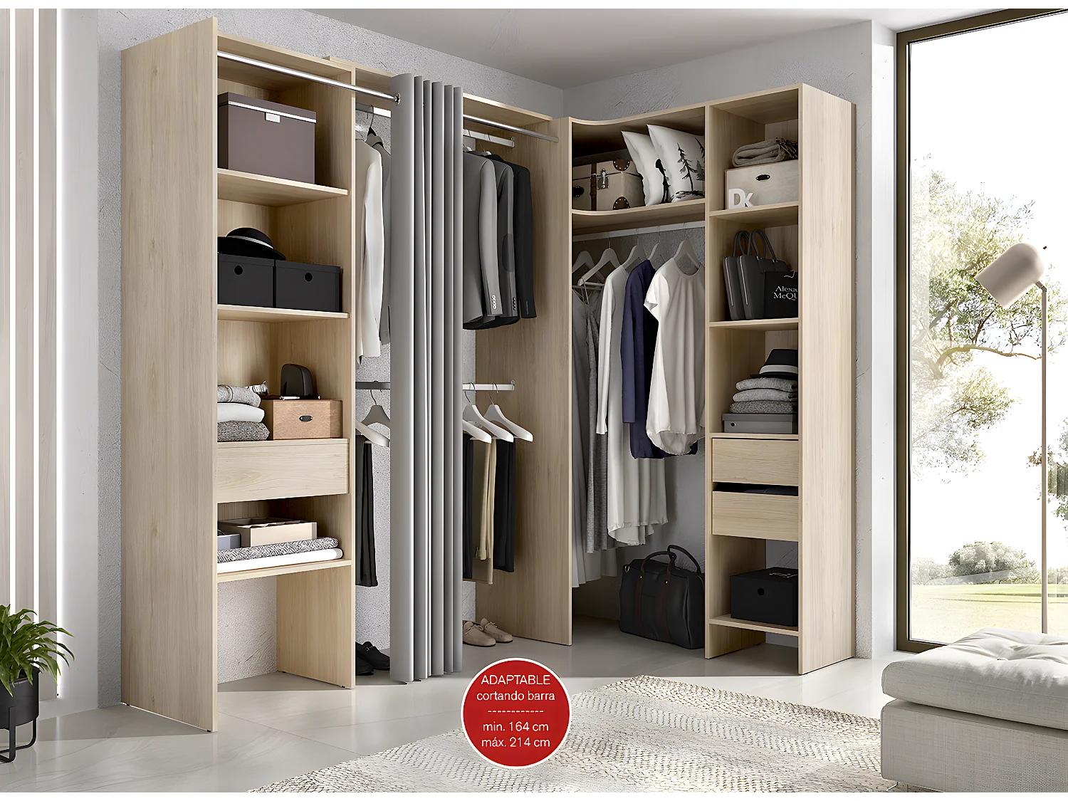 Kit armoire dressing d'angle extensible en bois mélaminé coloris chêne naturel - Longueur 164-214 x Profondeur 141 x Hauteur 205 cm