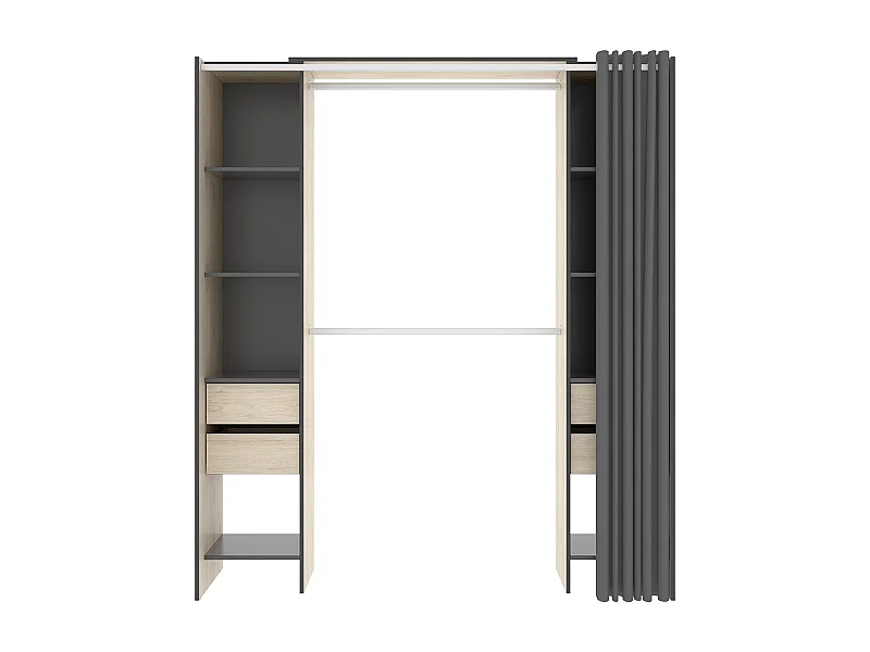 Armoire dressing avec 4 tiroirs, penderies coloris chêne naturel + rideau - Longueur 180 x Profondeur 50 x Hauteur 205 cm
