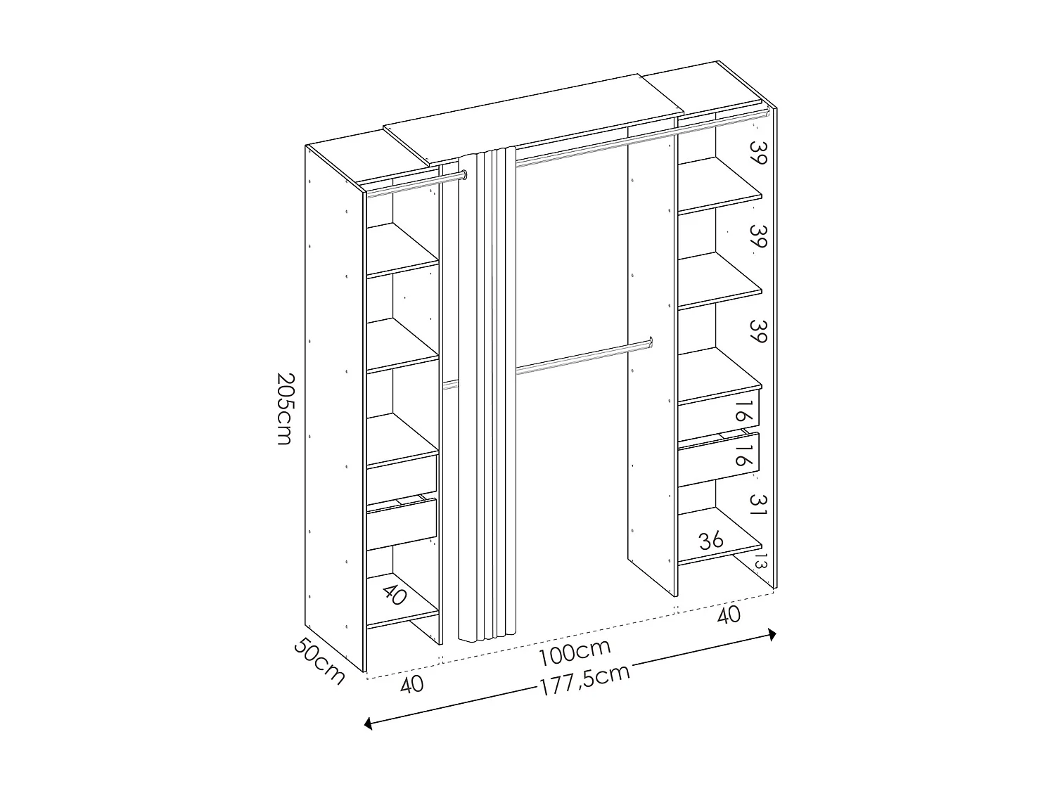 Armoire dressing avec 4 tiroirs, penderies coloris chêne naturel + rideau - Longueur 180 x Profondeur 50 x Hauteur 205 cm