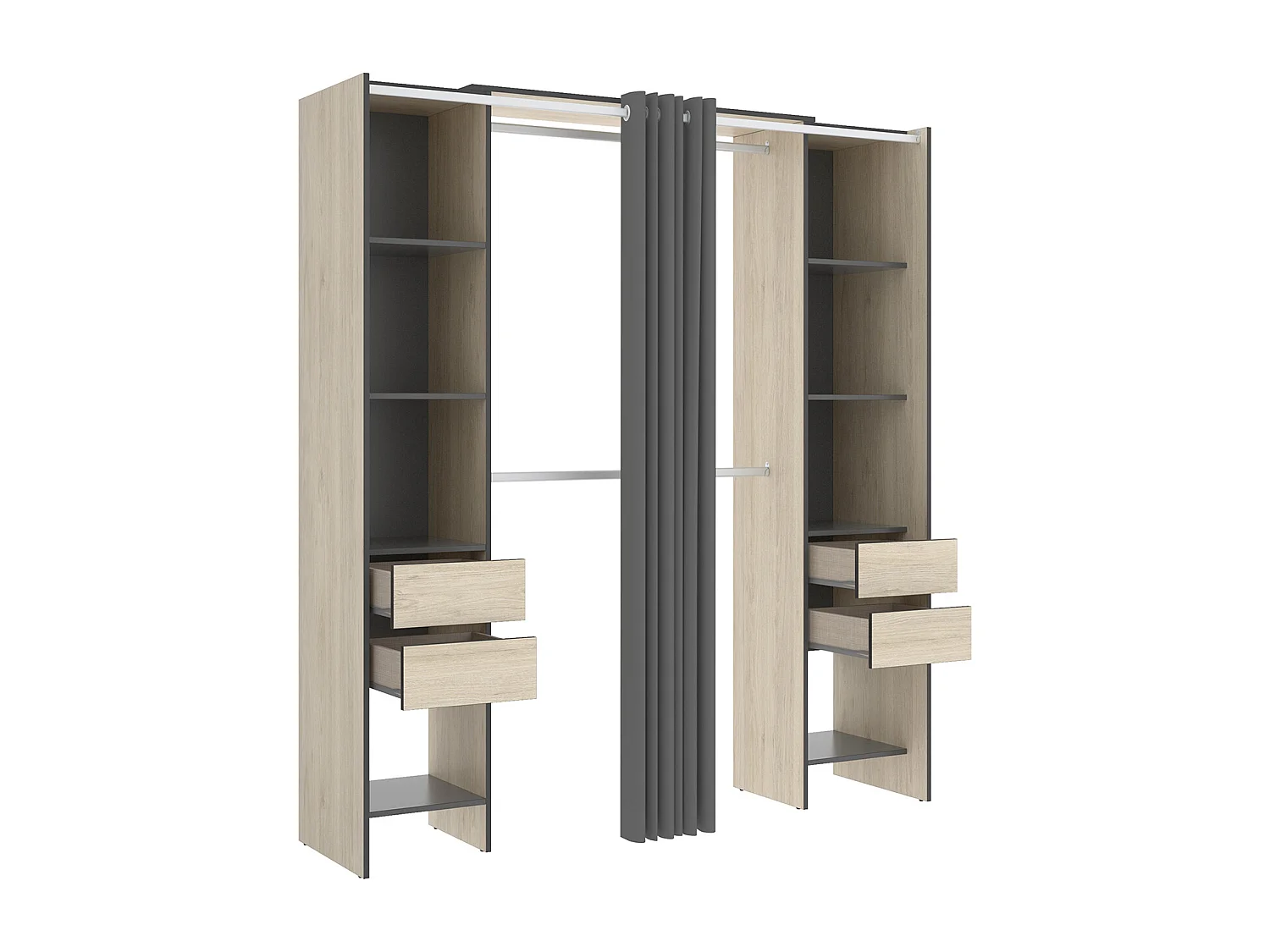 Armoire dressing avec 4 tiroirs, penderies coloris chêne naturel + rideau - Longueur 180 x Profondeur 50 x Hauteur 205 cm