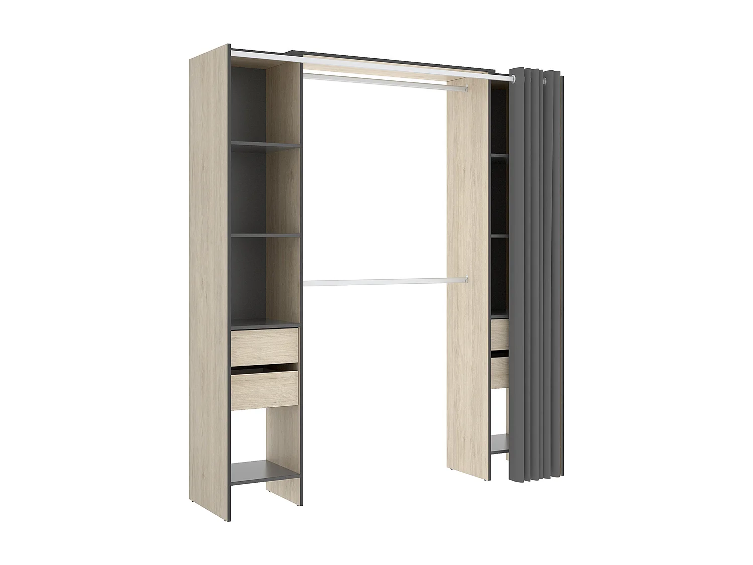 Armoire dressing avec 4 tiroirs, penderies coloris chêne naturel + rideau - Longueur 180 x Profondeur 50 x Hauteur 205 cm