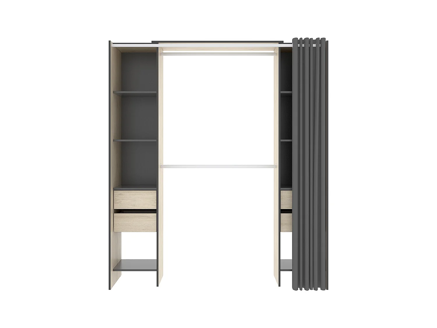 Armoire dressing avec 4 tiroirs, penderies coloris chêne naturel + rideau - Longueur 180 x Profondeur 50 x Hauteur 205 cm