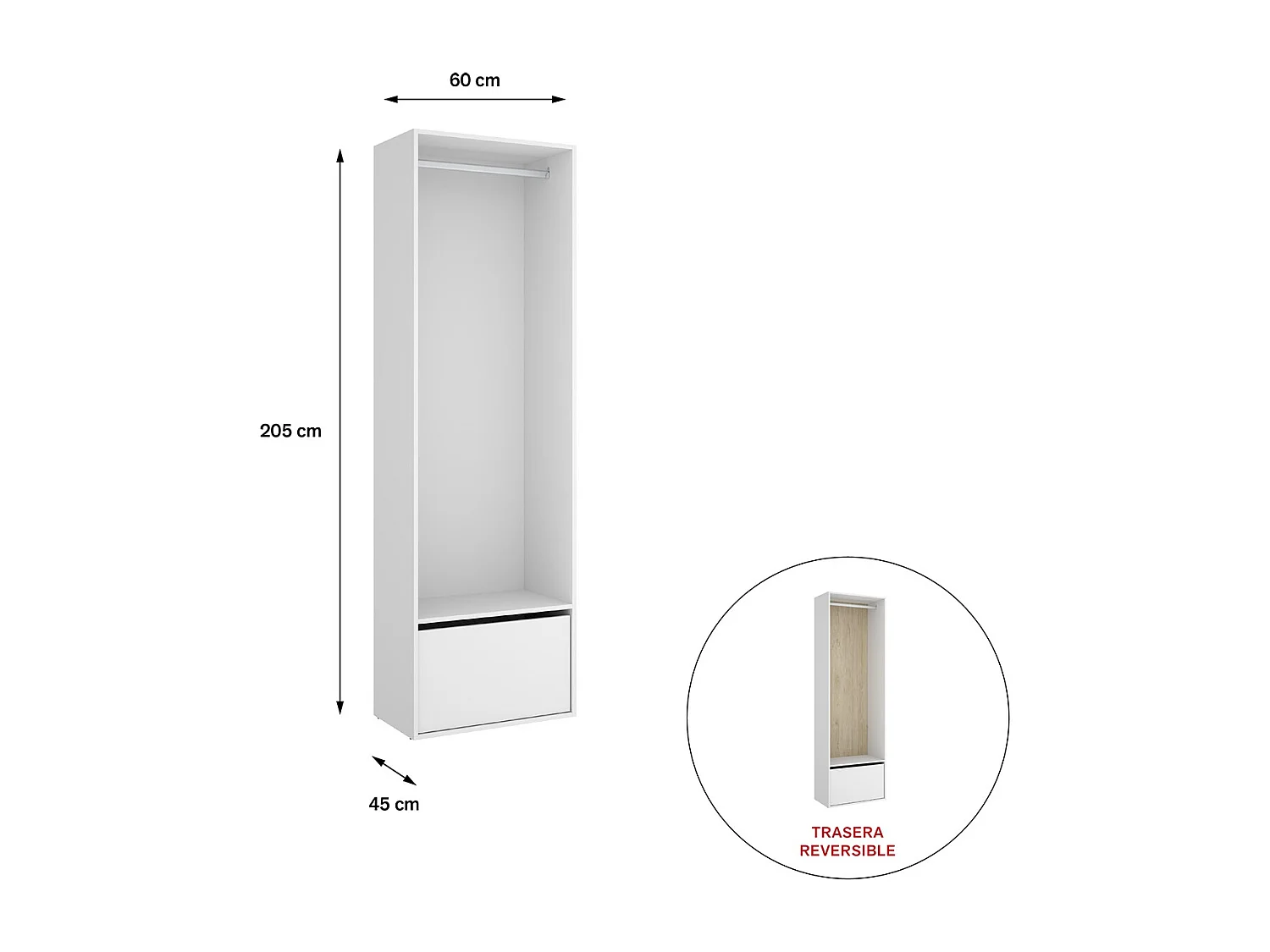 Dressing avec porte chaussure et fond d'arrière réversible coloris chêne naturel, blanc - Longueur 60 x Profondeur 45 x Hauteur 205 cm