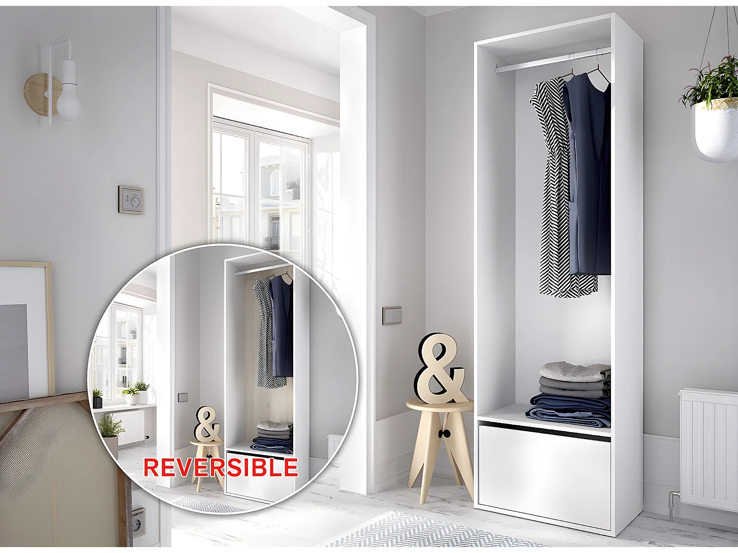 Dressing avec porte chaussure et fond d'arrière réversible coloris chêne naturel, blanc - Longueur 60 x Profondeur 45 x Hauteur 205 cm